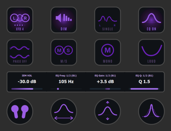 ADI Control DAC Edition running on a Stream Deck + — IEM profile with crossfeed, EQ, and IEM volume dials