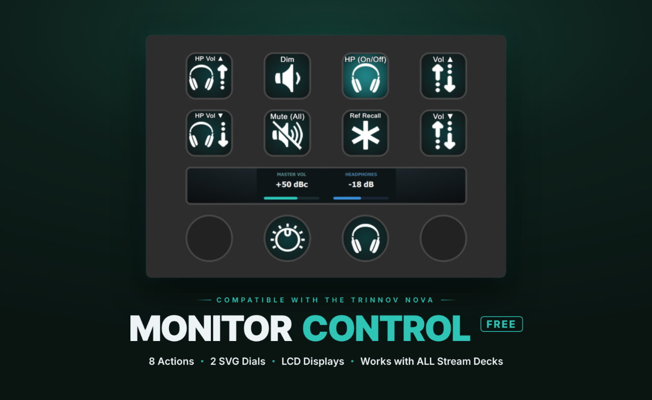 Monitor Control Free running on a Stream Deck — 8 actions, 2 SVG dials, LCD displays